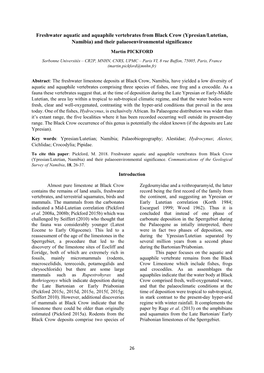 Freshwater Aquatic and Aquaphile Vertebrates from Black Crow (Ypresian/Lutetian, Namibia) and Their Palaeoenvironmental Significance Martin PICKFORD