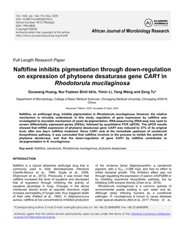 Naftifine Inhibits Pigmentation Through Down-Regulation on Expression of Phytoene Desaturase Gene CAR1 in Rhodotorula Mucilaginosa