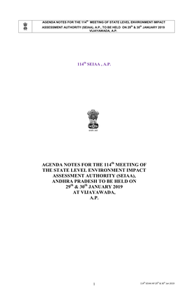 (SEIAA), ANDHRA PRADESH to BE HELD on 29Th & 30Th JANUARY 2019 at VIJAYAWADA, A.P