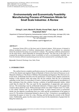 Environmentally and Economically Feasibility Manufacturing Process of Potassium Nitrate for Small Scale Industries: a Review