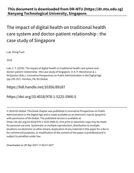 The Impact of Digital Health on Traditional Health Care System and Doctor‑Patient Relationship : the Case Study of Singapore