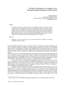 The Role of Interpreters, Or Linguas, in the Portuguese Empire During the 16Th Century