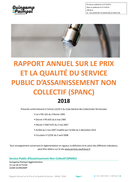 Rapport Annuel Sur Le Prix Et La Qualité Du Service Public D'assainissement Non Collectif (SPANC)