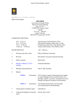 REVISED University of Central Florida Board of Trustees Meeting May 18, 2017 FAIRWINDS Alumni Center Agenda 8:15 A.M