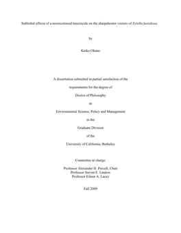 Sublethal Effects of a Neonicotinoid Insecticide on the Sharpshooter Vectors of Xylella Fastidiosa