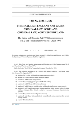 The Crime and Disorder Act 1998 (Commencement No. 2 and Transitional Provisions) Order 1998