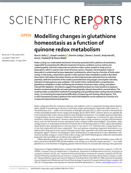 Modelling Changes in Glutathione Homeostasis As a Function of Quinone Redox Metabolism Received: 27 December 2018 Ross A