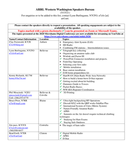 ARRL Western Washington Speakers Bureau (5/15/21) for Enquiries Or to Be Added to This List, Contact Lynn Burlingame, N7CFO, N7cfo [At] Arrl.Net