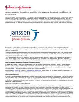 Janssen Announces Completion of Acquisition of Investigational Bermekimab from Xbiotech Inc