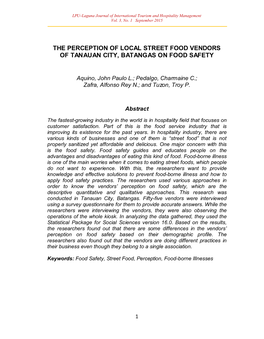 The Perception of Local Street Food Vendors of Tanauan City, Batangas on Food Safety