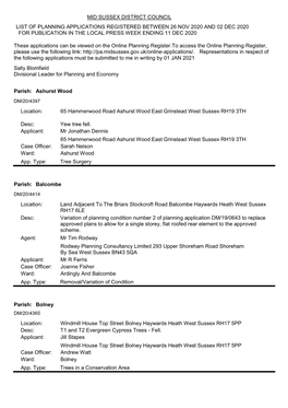 Mid Sussex District Council List of Planning Applications Registered Between 26 Nov 2020 and 02 Dec 2020 for Publication in the Local Press Week Ending 11 Dec 2020