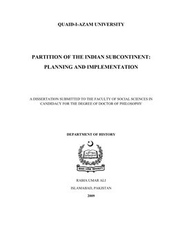 Partition of the Indian Subcontinent: Planning And