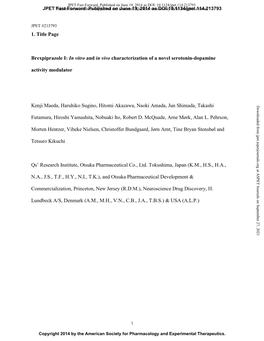 1. Title Page Brexpiprazole I: in Vitro and in Vivo Characterization of A