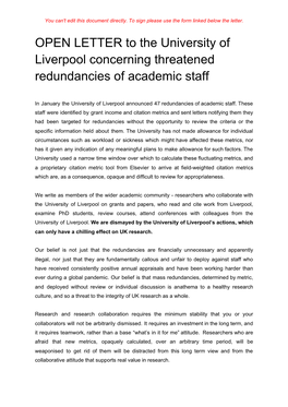 OPEN LETTER to the University of Liverpool Concerning Threatened Redundancies of Academic Staff