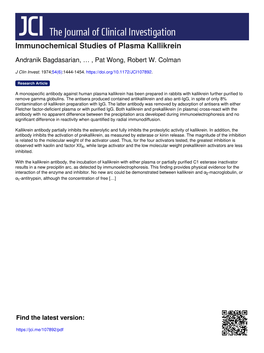 Immunochemical Studies of Plasma Kallikrein