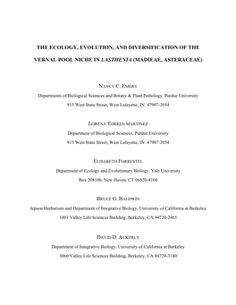 The Ecology, Evolution, and Diversification of the Vernal Pool Niche in Lasthenia (Madieae, Asteraceae)