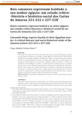 Reis Cananeus Expressam Lealdade a Seu Senhor Egípcio: Um Estudo Crítico- -Literário E Histórico-Social Das Cartas De Amarna 221-222 E 227-228*