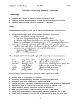 Kwakwala Fall 2010 Werle 9 Handout 5: Articulatory Phonetics