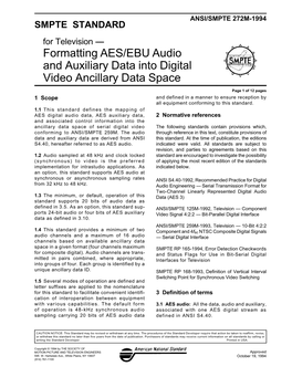 Formatting AES/EBU Audio and Auxiliary Data Into Digital Video Ancillary Data Space