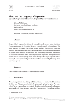 Plato and the Language of Mysteries Orphic/Pythagorean and Eleusinian Motifs and Register in Ten Dialogues