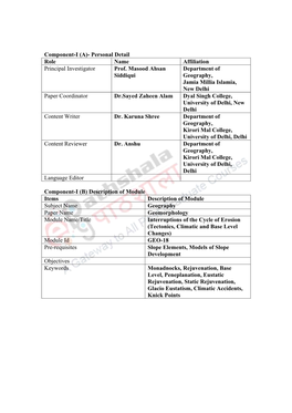 Component-I (A)- Personal Detail Role Name Affiliation Principal Investigator Prof