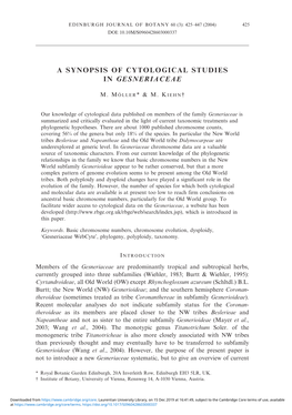 A Synopsis of Cytological Studies in Gesneriaceae
