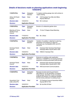 Details of Decisions Made on Planning Applications Week Beginning 13/02/2012