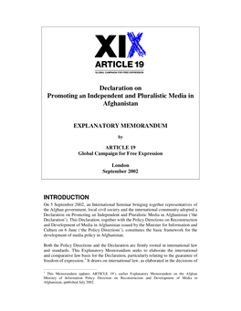 Declaration on Promoting an Independent and Pluralistic Media in Afghanistan (‘The Declaration’)