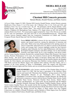 MEDIA RELEASE July 18, 2005 for Immediate Release Editorial Contact: Kate Scorza Ingram Admin@Chestnuthillconcerts.Org (For Editorial Purposes Only)