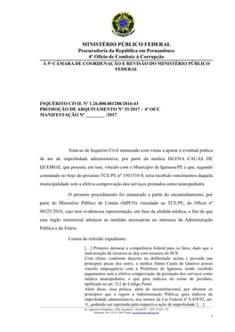 MINISTÉRIO PÚBLICO FEDERAL Procuradoria Da República Em Pernambuco 4O Ofício De Combate À Corrupção À 5A CÂMARA DE COORDENAÇÃO E REVISÃO DO MINISTÉRIO PÚBLICO FEDERAL