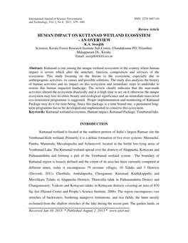 Human Impact on Kuttanad Wetland Ecosystem - an Overview K.A