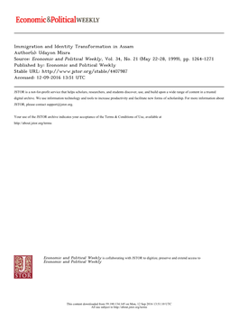 Immigration and Identity Transformation in Assam Author(S): Udayon Misra Source: Economic and Political Weekly, Vol