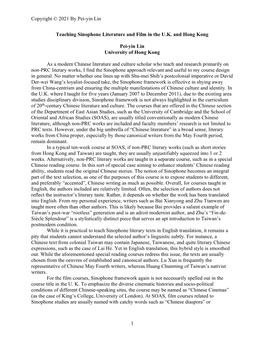 Copyright © 2021 by Pei-Yin Lin 1 Teaching Sinophone Literature and Film in the U.K. and Hong Kong Pei-Yin Lin University of Ho