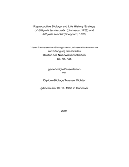 Reproductive Biology and Life History Strategy of Bithynia Tentaculata (Linnaeus, 1758) and Bithynia Leachii (Sheppard, 1823)