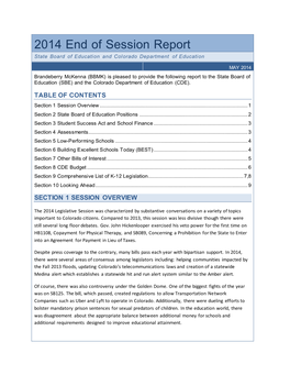 2014 End of Session Report State Board of Education and Colorado Department of Education