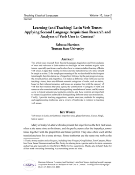 Latin Verb Tenses: Applying Second Language Acquisition Research and Analyses of Verb Uses in Context1