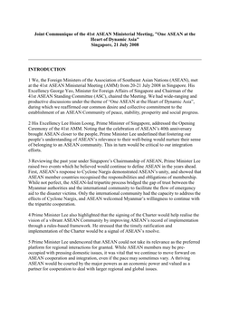 Joint Communique of the 41St ASEAN Ministerial Meeting, "One ASEAN at the Heart of Dynamic Asia" Singapore, 21 July 2008