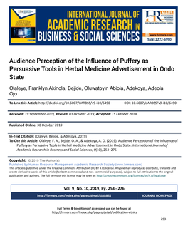 Audience Perception of the Influence of Puffery As Persuasive Tools in Herbal Medicine Advertisement in Ondo State