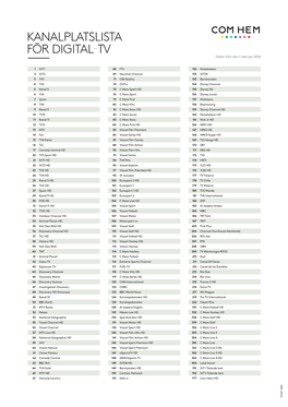 KANALPLATSLISTA FÖR DIGITAL-TV Gäller Från Den 1 Februari 2018