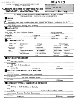 Data Sheet United States Department of the Interior National Park Service National Register of Historic Places Inventory -- Nomination Form