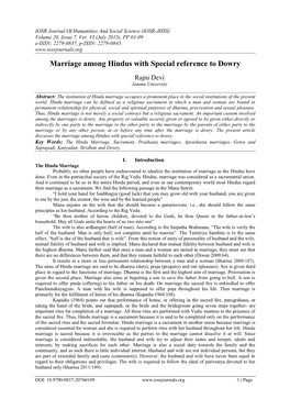 Marriage Among Hindus with Special Reference to Dowry