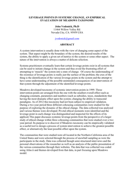 LEVERAGE POINTS in SYSTEMIC CHANGE, an EMPIRICAL EVALUATION of MEADOWS TAXONOMY John Vodonick, Ph.D 11464 Willow Valley Rd. Neva