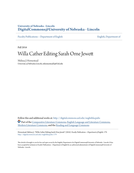 Willa Cather Editing Sarah Orne Jewett Melissa J