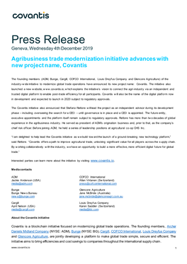 Press Release Geneva, Wednesday 4Th December 2019 Agribusiness Trade Modernization Initiative Advances with New Project Name, Covantis