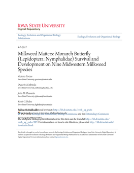 Monarch Butterfly (Lepidoptera: Nymphalidae) Survival and Development on Nine Midwestern Milkweed Species Victoria Pocius Iowa State University, Pociusv@Iastate.Edu