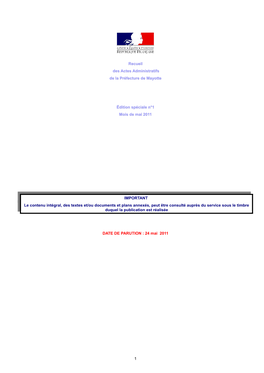 Recueil Des Actes Administratifs De La Préfecture De Mayotte Édition