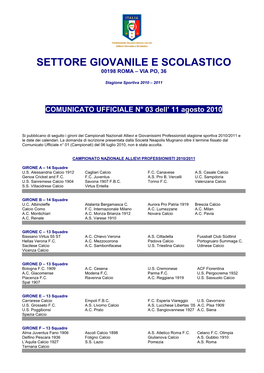 Settore Giovanile E Scolastico 00198 Roma – Via Po, 36