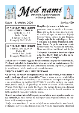 Datum: 18. Oktobra 2020 Številka: 499 Dragi Bratje in Sestre V Kristusu, 29