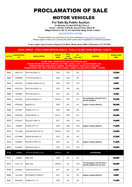 PROCLAMATION of SALE MOTOR VEHICLES for Sale by Public Auction on Monday 1St April 2019 @ 2.30 P.M Venue : Unit No