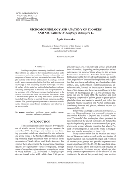 MICROMORPHOLOGY and ANATOMY of FLOWERS and NECTARIES of Saxifraga Stolonifera L